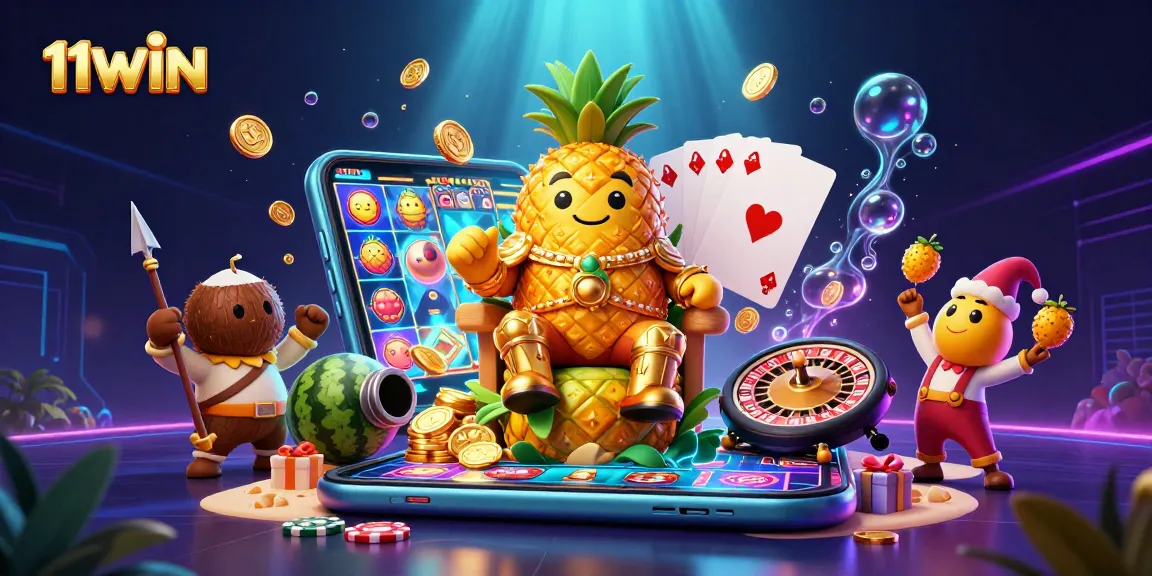 Engage with thrilling slot game excitement at 11WIN, featuring vibrant casino elements and animated characters.