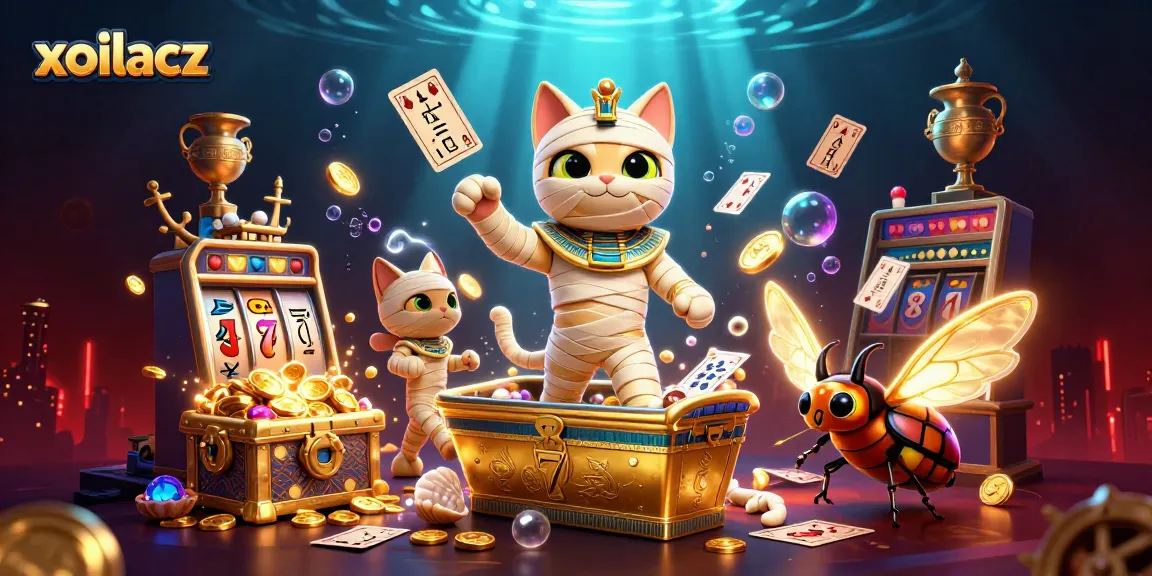Xoilacz captures excitement with a 3D mummy cat in a lively casino scene filled with gold and playing cards.